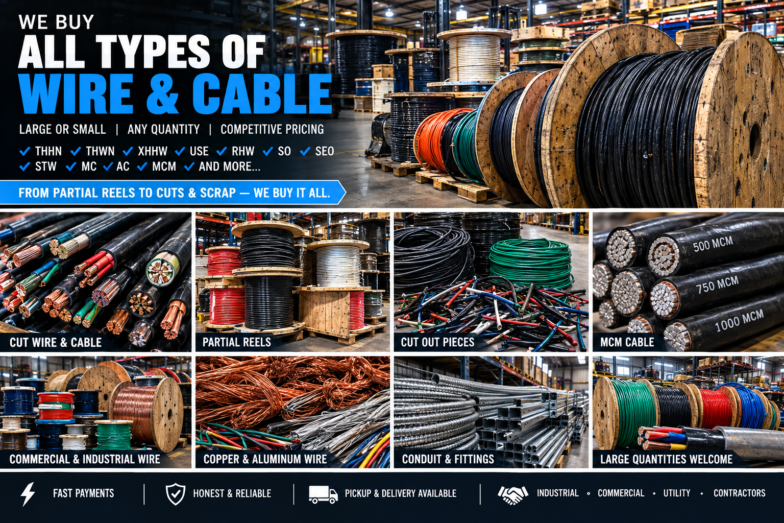 We buy all types of wire and cable: THHN, THWN, XHHW, USE, RHW, SO, SEO, STW, MC, AC, and MCM. Photos of cut wire and cable, partial reels, cut-out pieces, MCM cable, commercial and industrial wire, copper and aluminum wire, conduit and fittings, and large quantities.